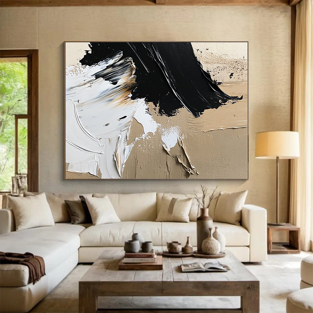 Dynamic Textured Abstract with Black White and Beige Strokes GER364