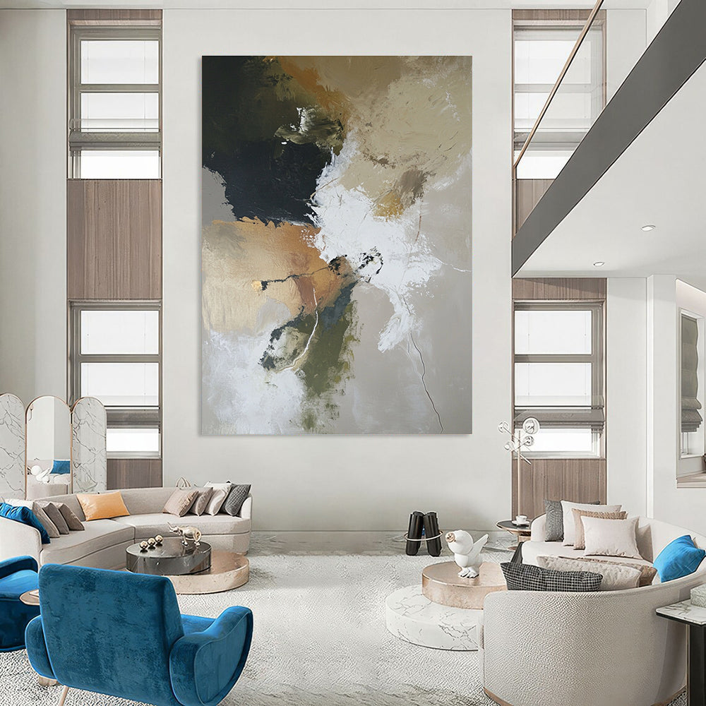 Large abstract painting depicting a desolate landscape with earthy tones and soft lighting in oil on canvas.STSC254