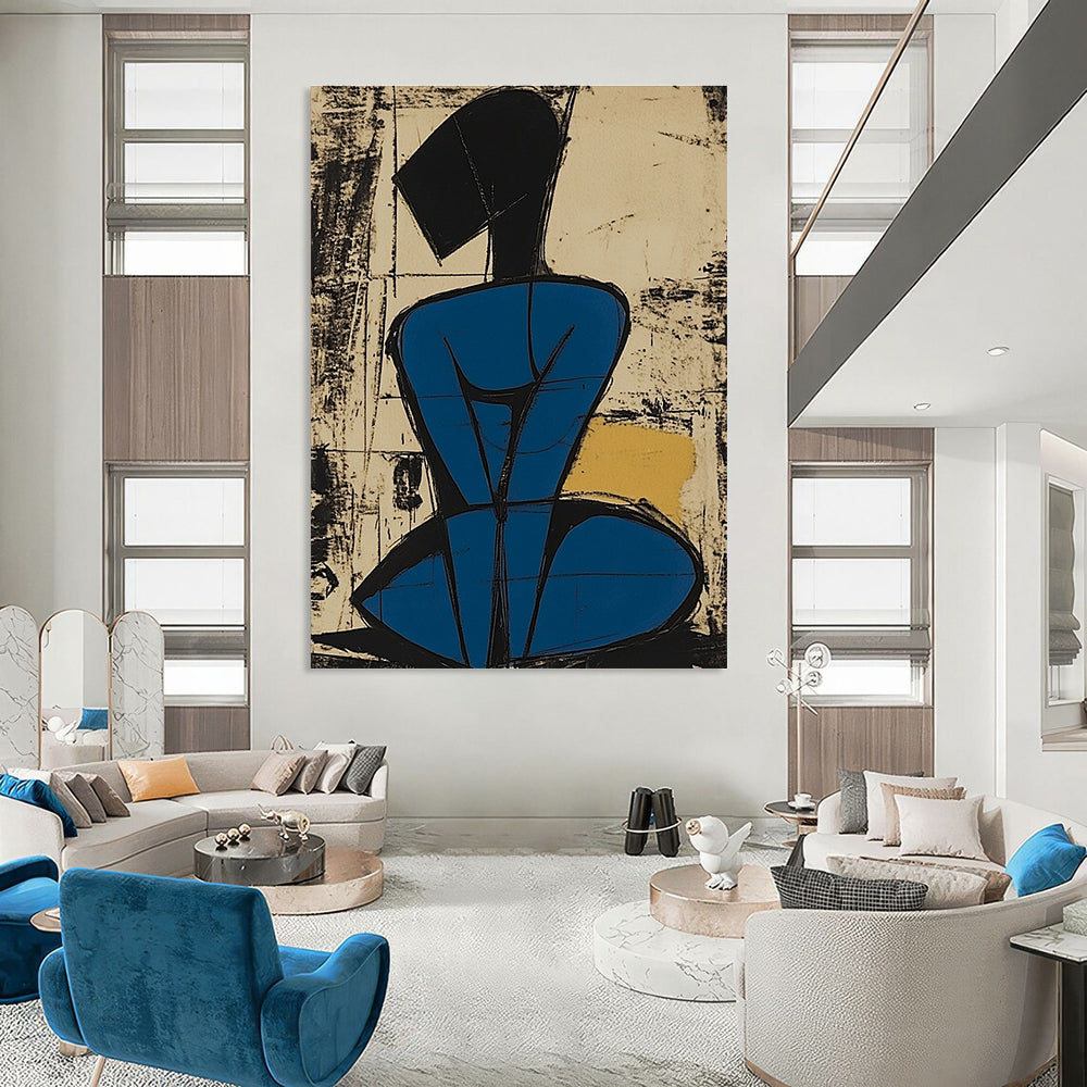 Abstract painting featuring a blue-bodied figure with simplified lines and short hair sitting on her knees against a vibrant background.STSC984