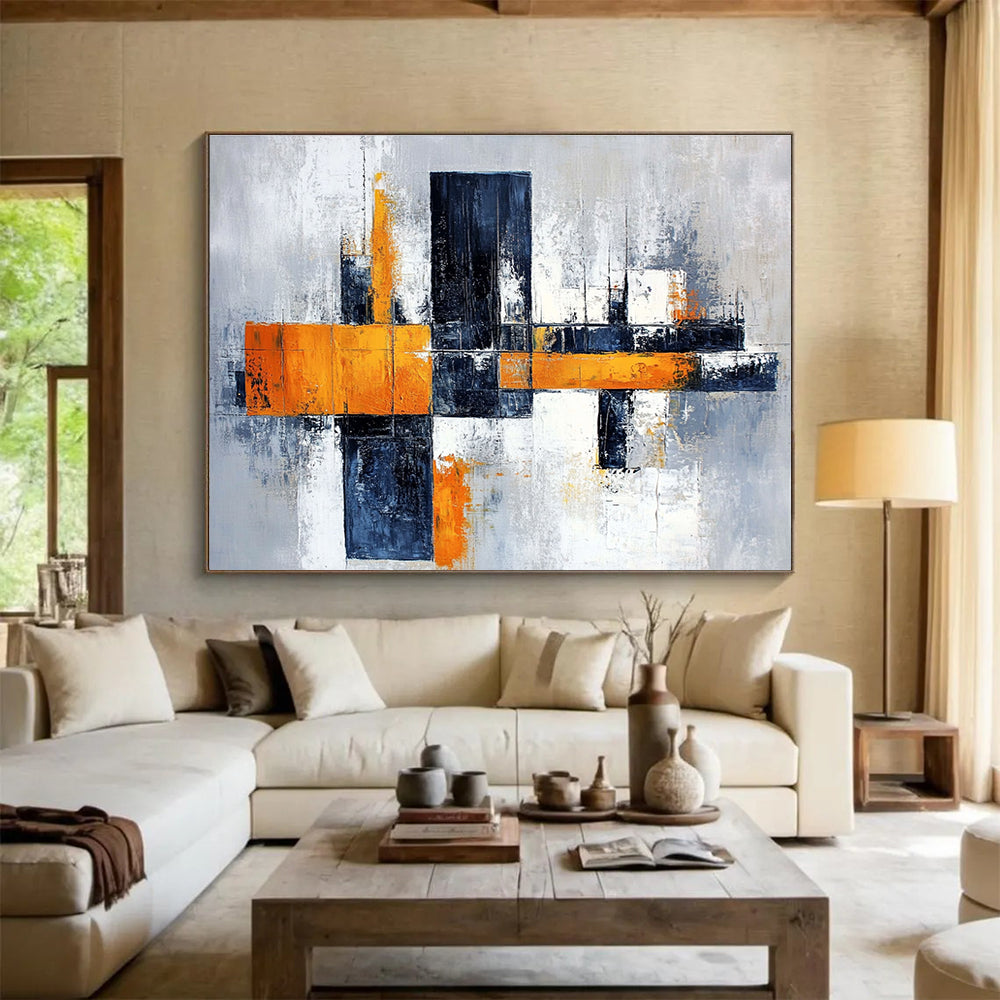 Gray Orange and Black Geometric Abstract Painting with Dynamic Composition DYP259