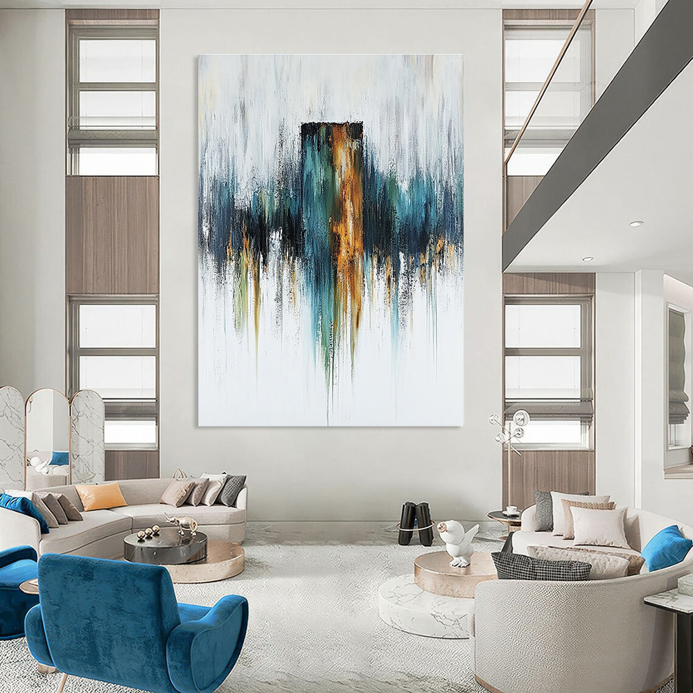 Large abstract painting featuring a rusted metal column on a white canvas with blue green and warm tones for depth and mystery.STSC494
