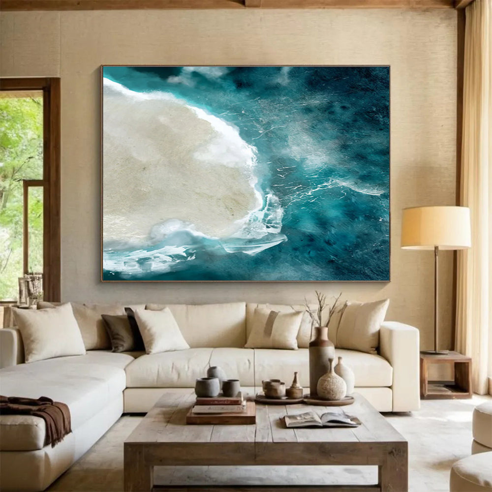 Aerial Sea - view Abstract Painting with Turquoise and Beige THY125