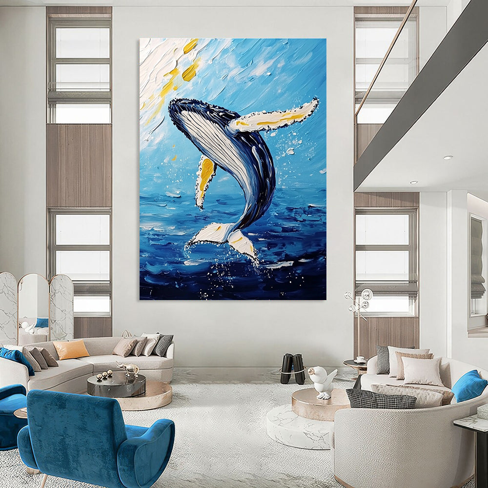 Large abstract painting featuring a majestic humpback whale mid-air with vibrant white and yellow brushstrokes against a light sky-blue and dark gold background.STSC1231