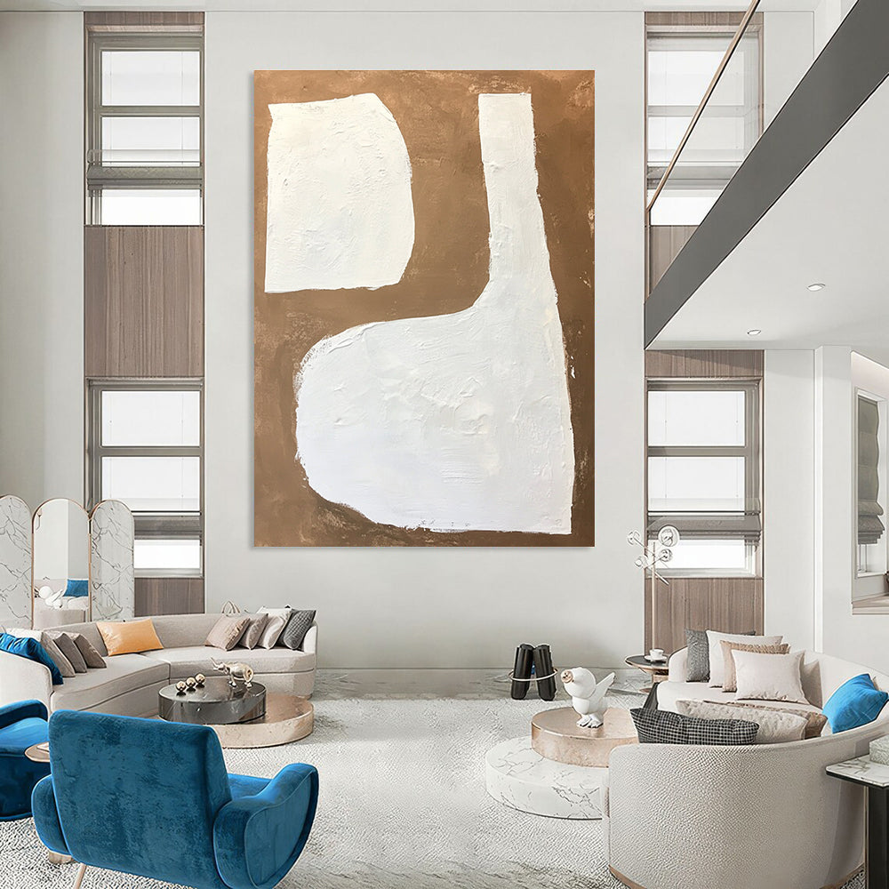 Large abstract painting featuring white shapes on a brown background with textured brushstrokes in a minimalistic style.STSC1484