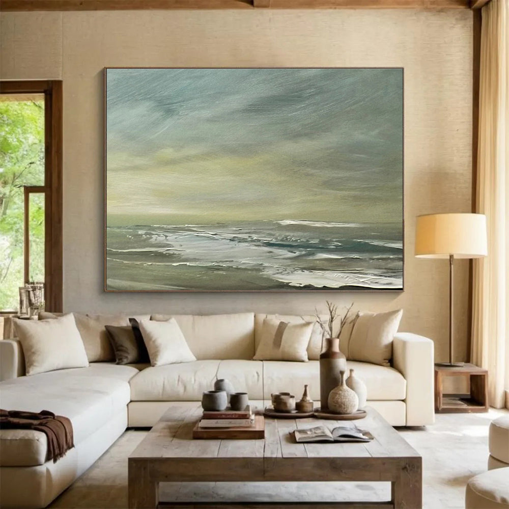 Muted Green Grey Sea Sky Abstract Painting THY026