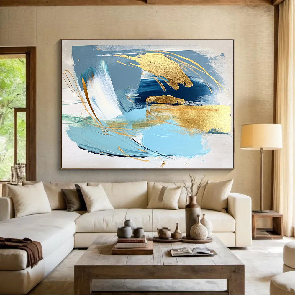 Blue Gold Abstract Painting with Elegant Accents GER713