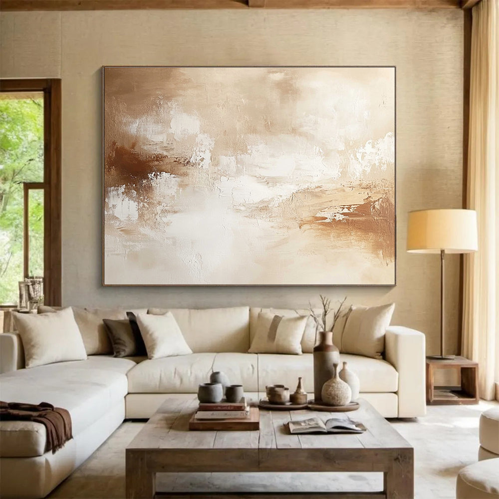 Large abstract painting with warm neutral tones soft brushstrokes and subtle textures creating a calming and sophisticated atmosphere.SC010