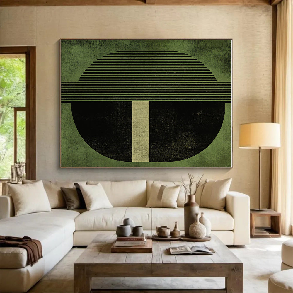 Green Geometric Abstract Painting with Contrasting Elements GER151
