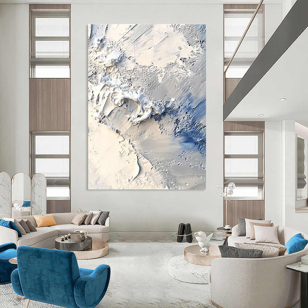 Large abstract painting capturing an Arctic landscape with thick impasto layers in white and gray reminiscent of John Martin's style.STSC258