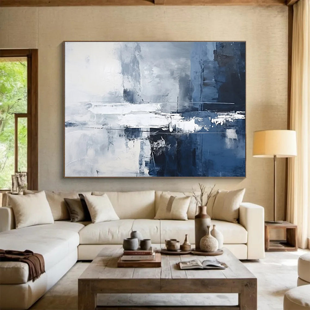 Blue and White Textured Abstract Cityscape - like Painting THY102