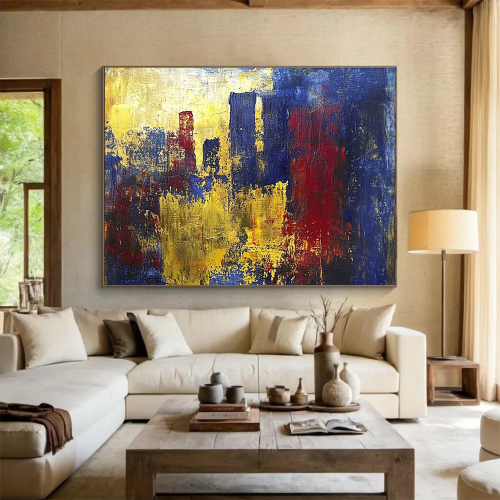 A large abstract painting inspired by J.M.W. Turner and Picasso featuring vibrant yellow blue and red hues with heavy brush strokes and dynamic textures.SC357