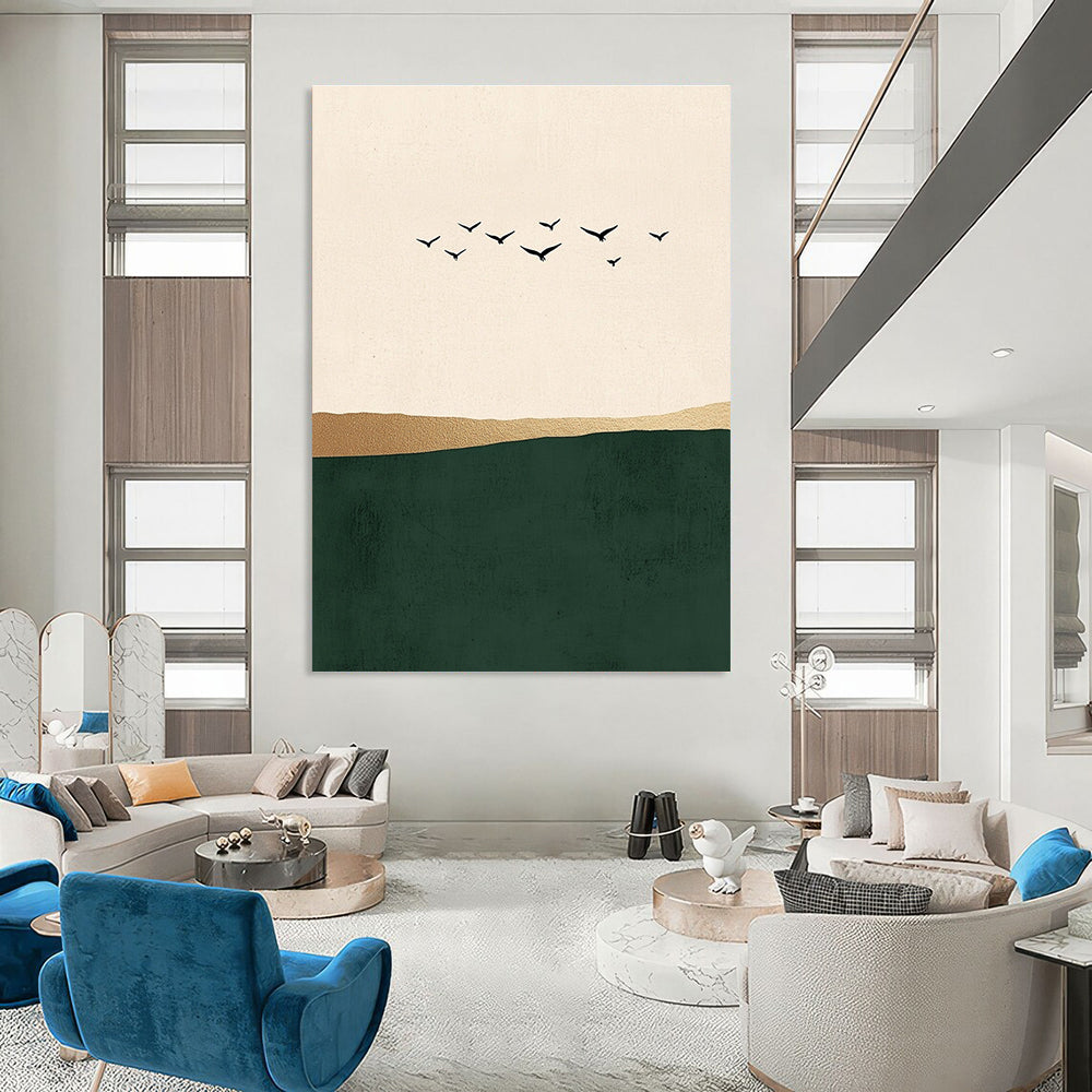 Abstract art featuring minimalist Japandi style with flying birds over a serene green sea on a beige background adorned with elegant gold details.STSC1340