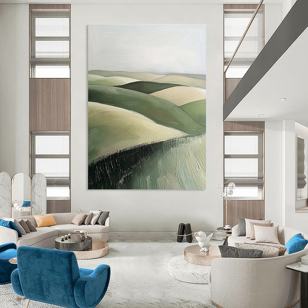 Large Abstract Painting of Green Rolling Hills in Textured Sage and Beige Tones Perfect for Adding Calmness to Any Space.STSC876