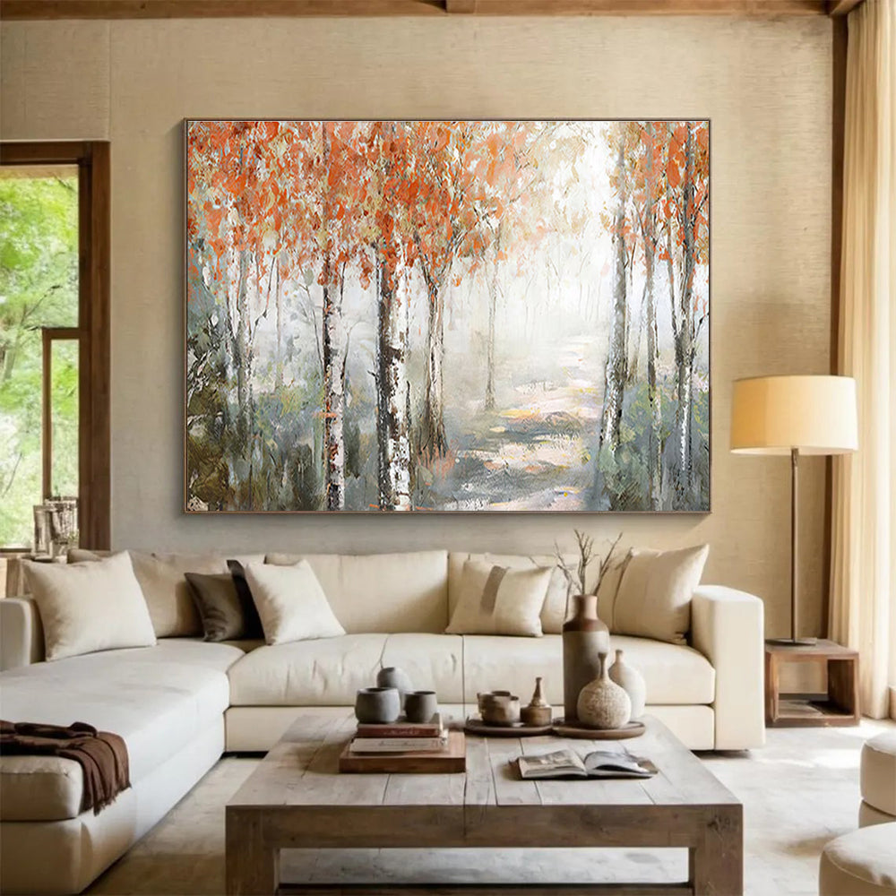 Autumn Birch Forest Path Abstract Painting with Orange, Grey, and Green Tones THY222