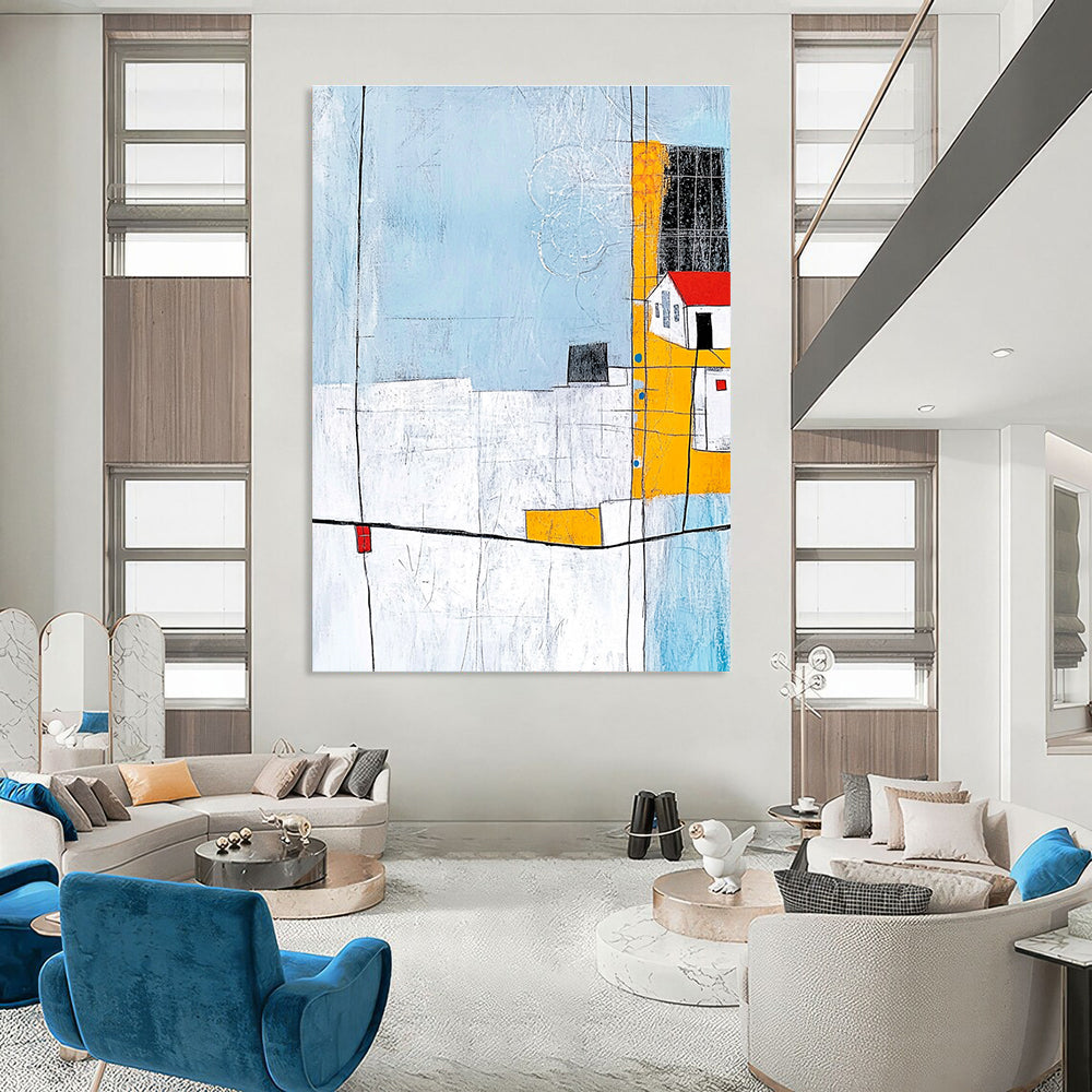 Abstract painting featuring soft lines and shapes with a light blue grey background and minimalistic house illustration in the corner.STSC688