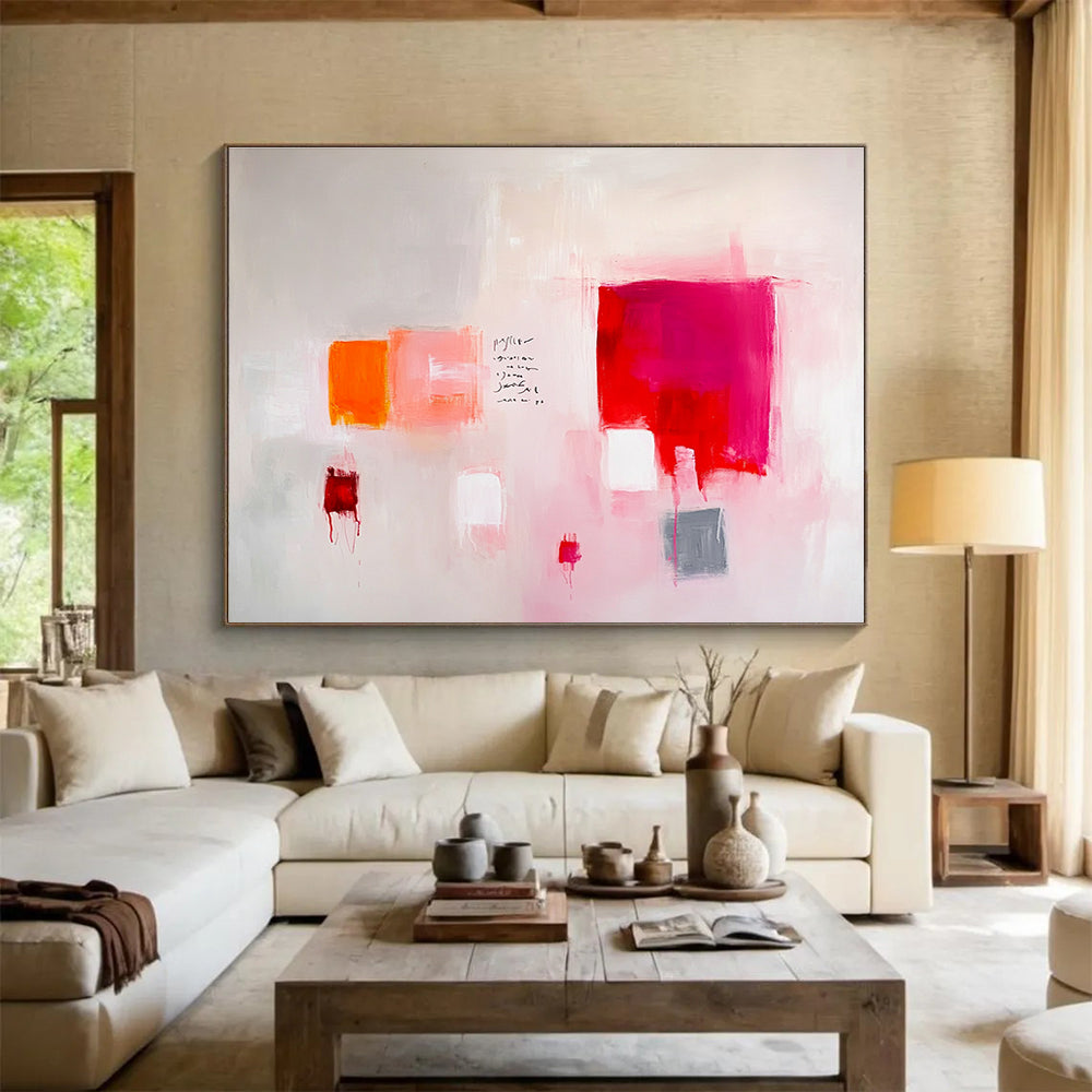 Large abstract painting featuring light pink and red tones with gray soft edges and minimalist brush strokes on a white background.SC242