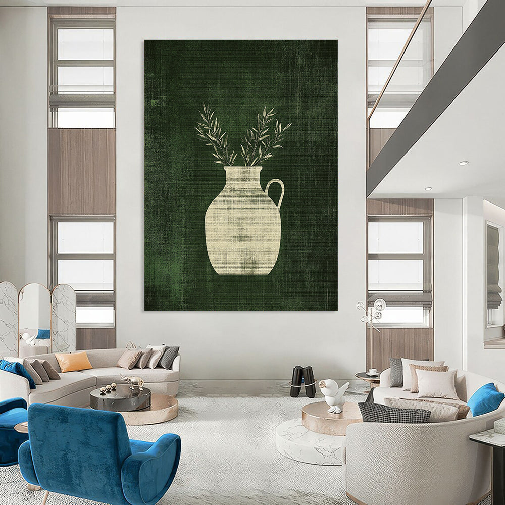 Abstract art featuring a minimalist antique jar with handles and olive branches against a textured green background, adding elegance and depth.STSC1084
