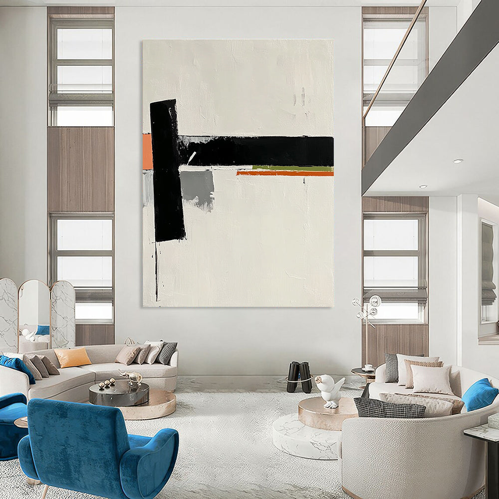 A large abstract painting features a white background with a small black rectangle and orange stripes alongside gray and green shapes embodying elegance.STSC569