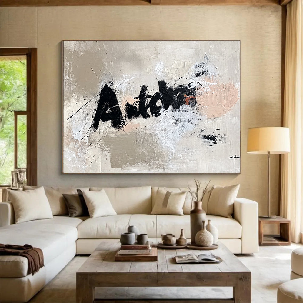 Textured Word Abstract Painting with Beige and Black DYP469