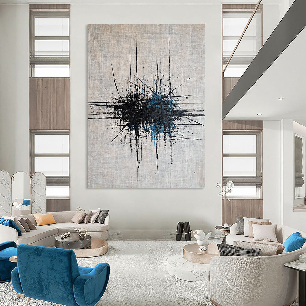 Large abstract painting featuring dynamic lines and dots in grey, blue, and black on a crisp white canvas.STSC189
