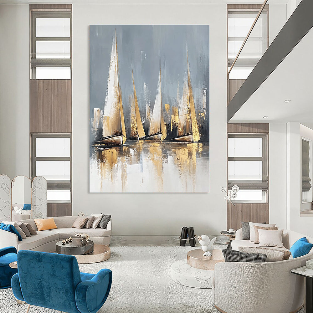 Large abstract painting featuring sailboats in neutral colors with gold accents and a serene water reflection on a white background.STSC460