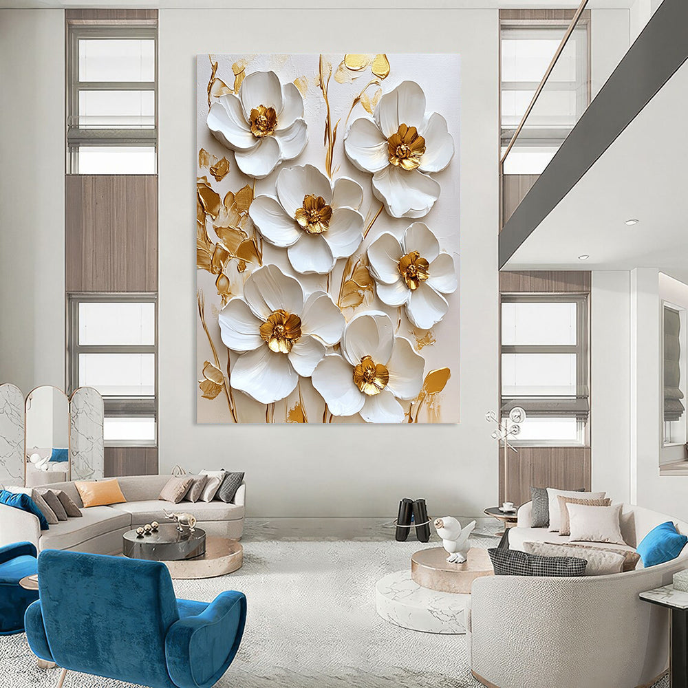 Large abstract painting featuring white flowers with golden accents on a white background in a square format.STSC1481