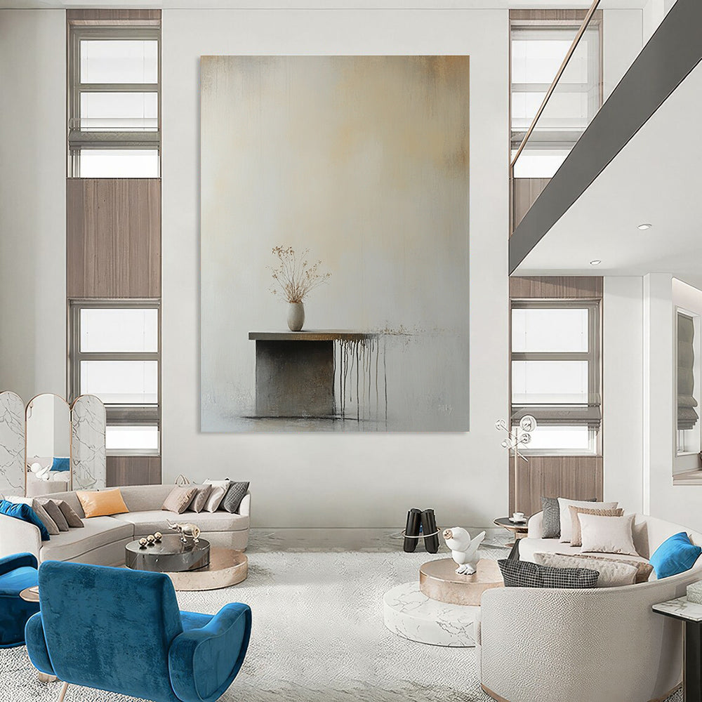 Abstract painting of an empty wall featuring a small table and flower vase in soft beige and gray tones with minimalist aesthetic.STSC641