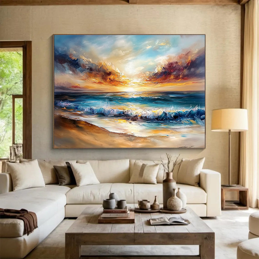 Abstract oil painting of a tranquil beach scene featuring a sunset with golden sand and vibrant colors evoking serenity and calmness for home decor.SC417