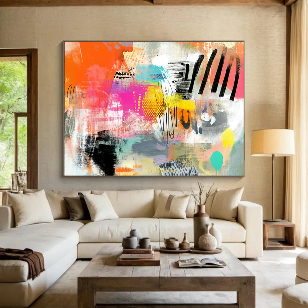 Large abstract painting featuring vibrant patterns and textures in orange pink teal yellow and black with a central blank space for customization.SC005