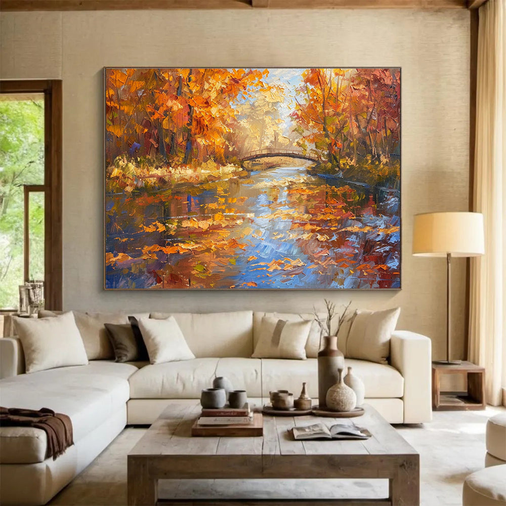 Autumn Forest River Abstract Painting with Orange, Yellow, and Blue Tones THY196