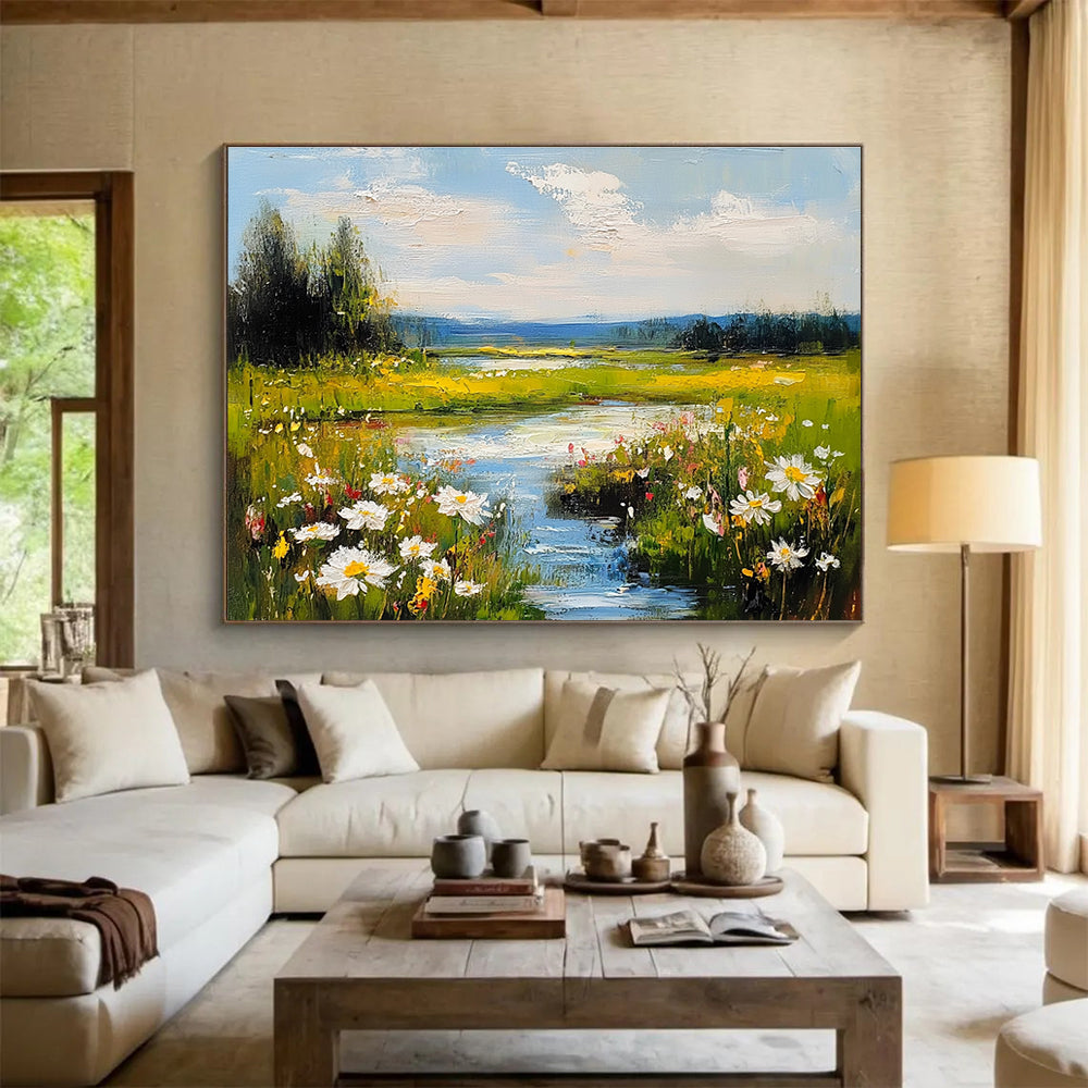Flower - Filled River Valley Impressionistic Abstract Painting with Bright Colors DYP594