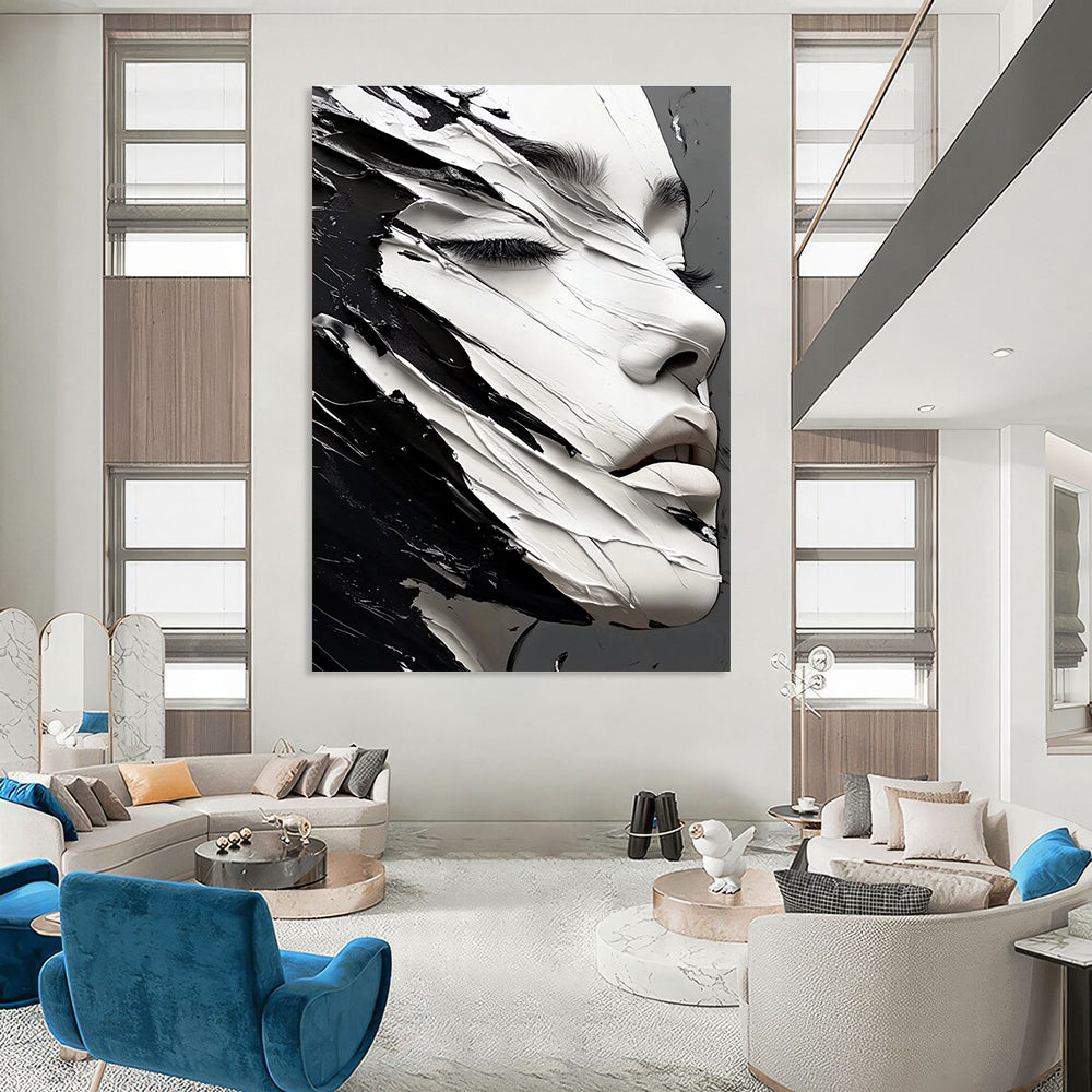 A large abstract painting featuring an elegant hyperrealistic black and white face showcasing intricate details and striking contrasts.STSC989