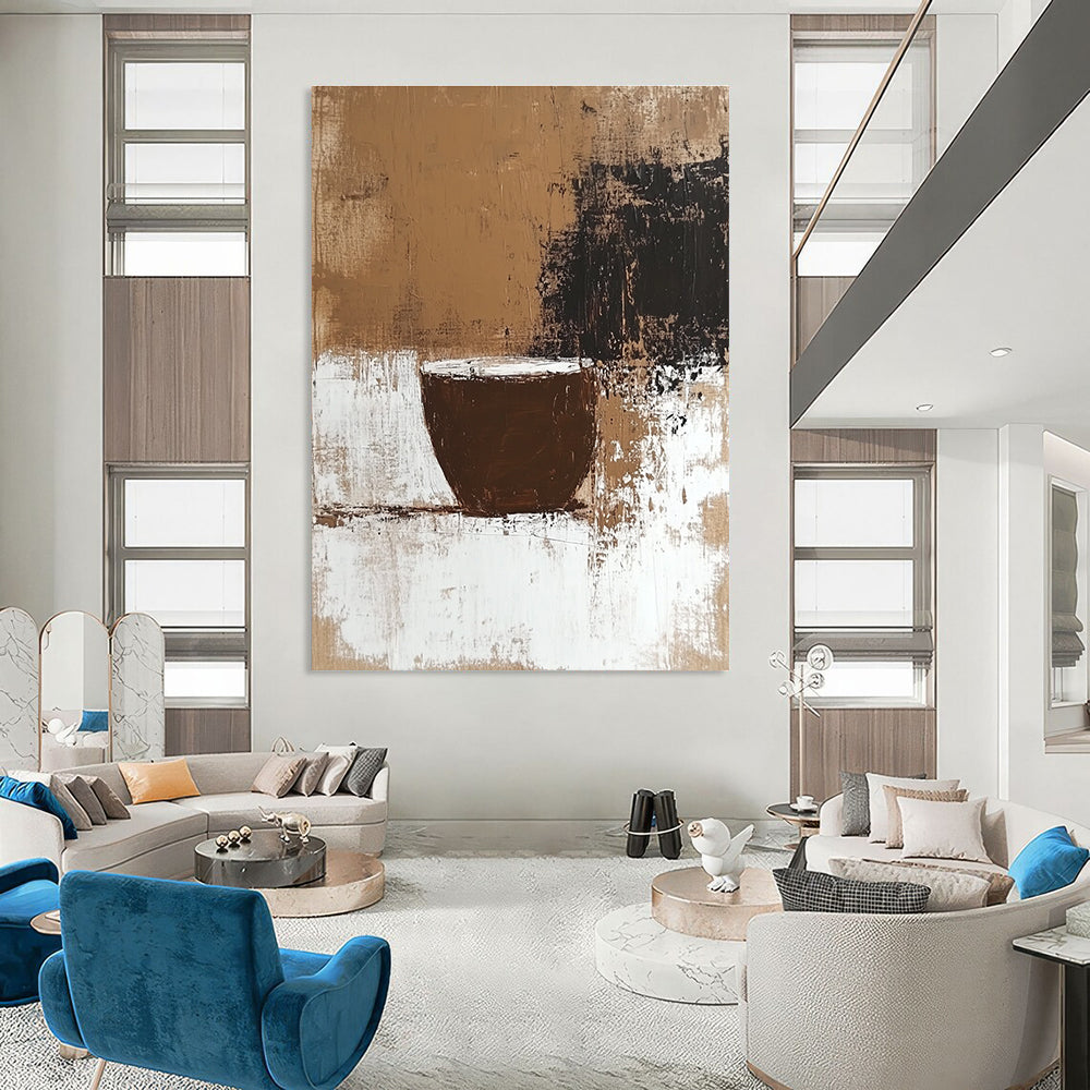 Large abstract painting featuring coffee stains and neutral tones with a textured surface and a beige background inspired by Chicano art.STSC928