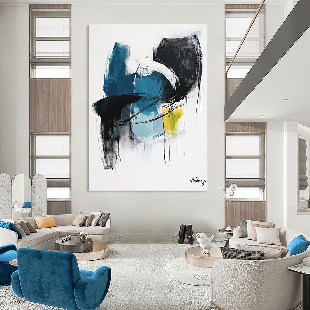 Large abstract painting in blue black and white tones with yellow accent by Anthony evoking calmness and serenity through soft brush strokes and thick lines.STSC1068