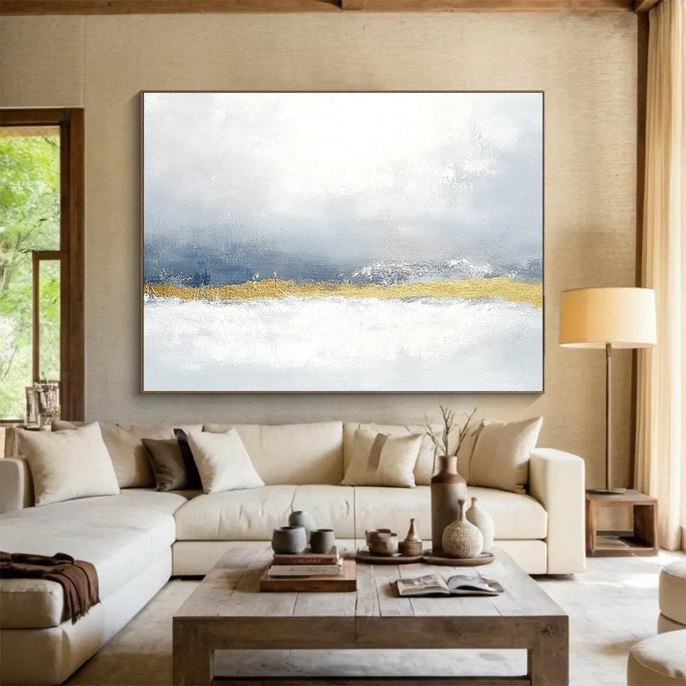 Large abstract painting in muted gray and blue with gold accents soft texture and calming minimalist style perfect for any space.SC066
