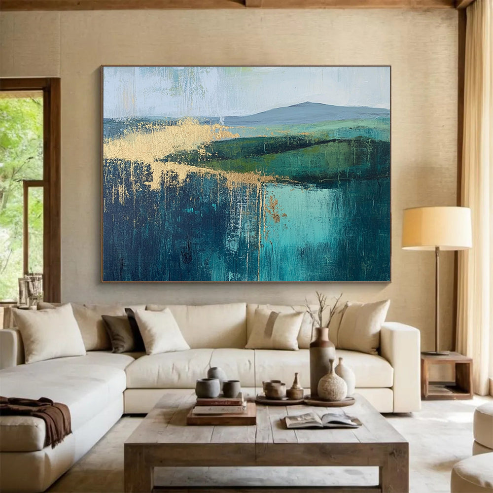 Large abstract painting featuring vibrant greens and blues with gold foil accents inspired by [Artist name].SC315