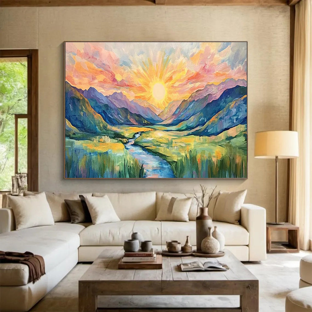 Sunburst Mountain Abstract Painting with Radiant, Expressive Colors THY416