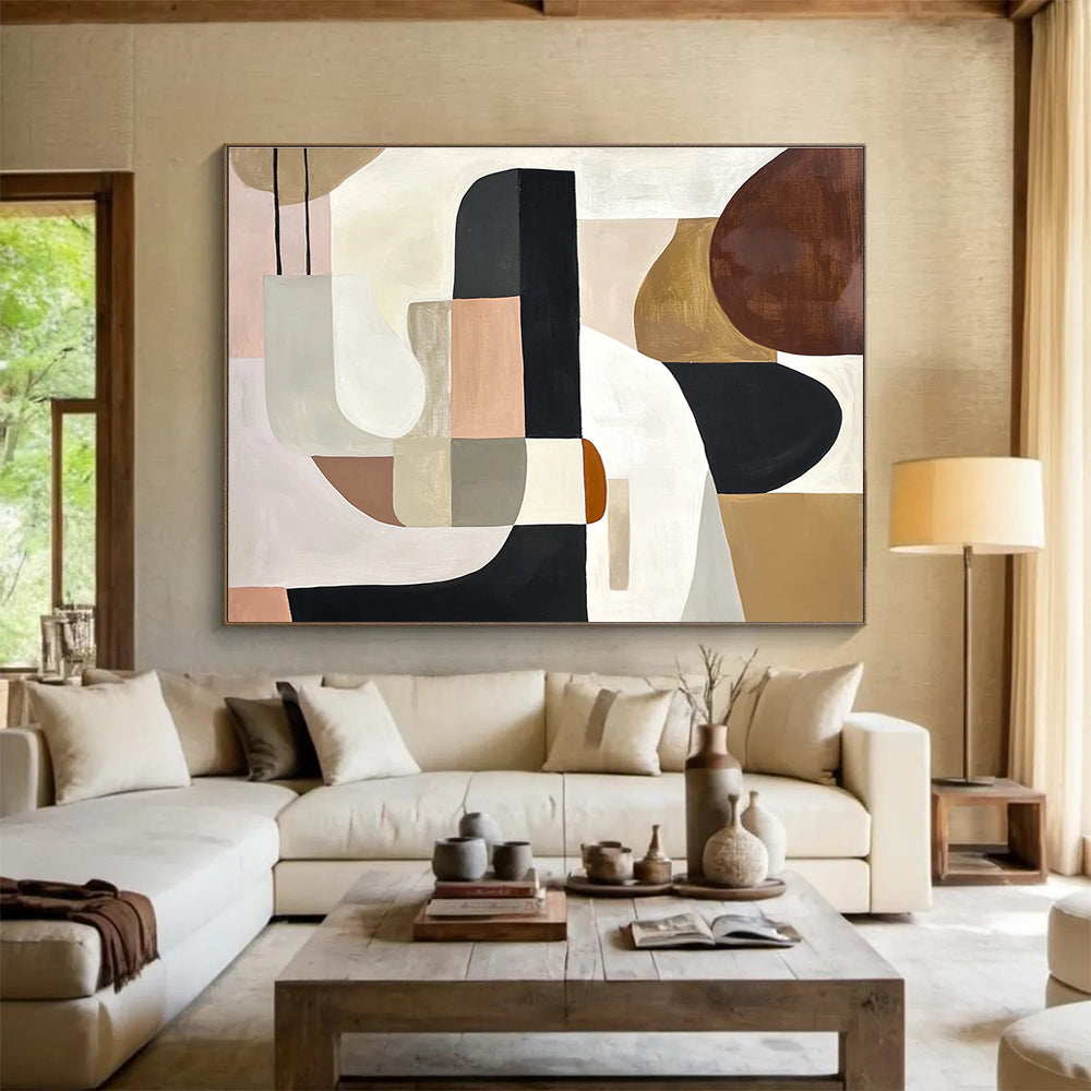 An abstract painting featuring elegant shapes in white, black, and brown, accented with soft beige, pink, grey, and cream tones and brown wood elements.SC352