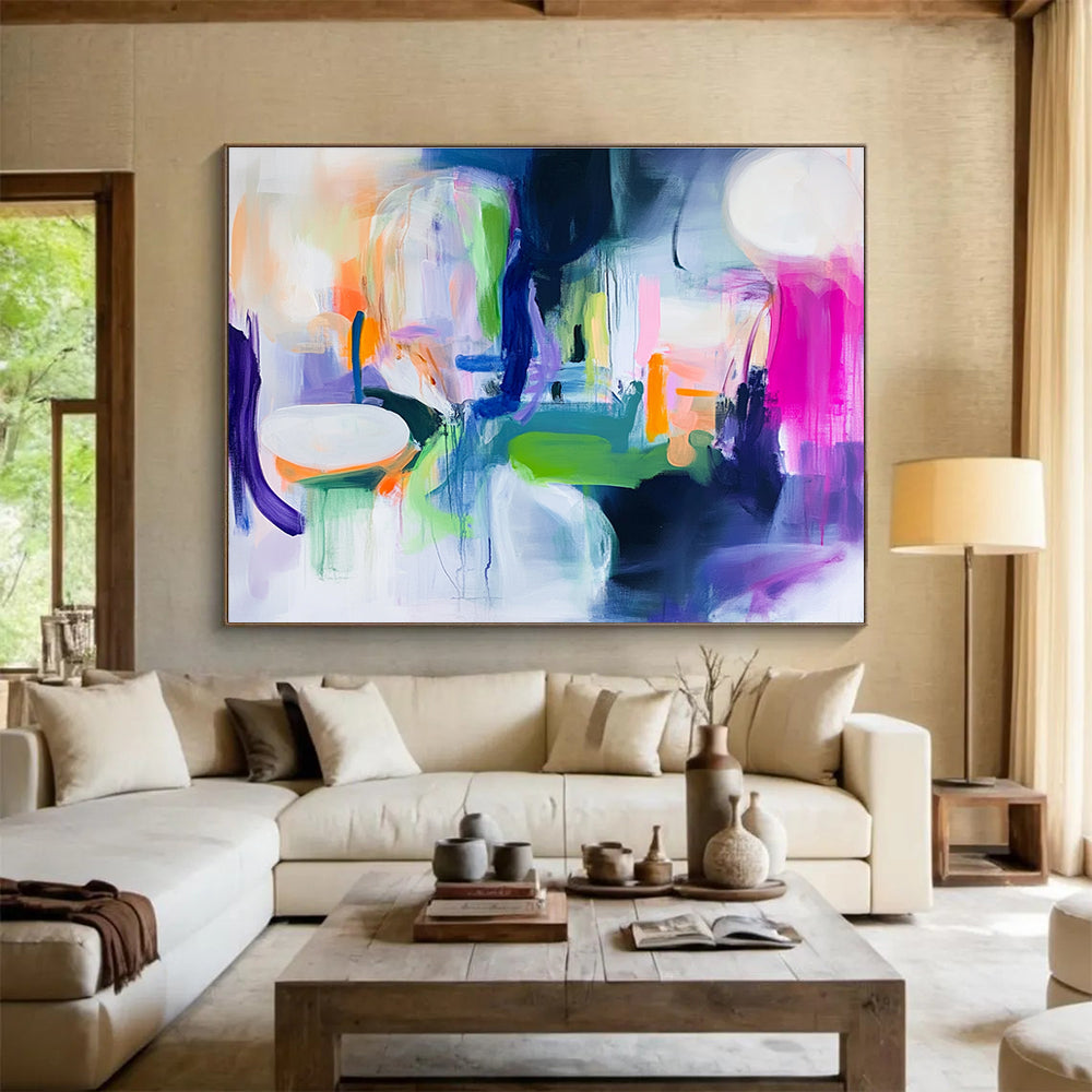 A large abstract painting featuring bright neon colors, thick brush strokes and loose shapes in white, green, purple, blue, pink, orange, and yellow.SC373