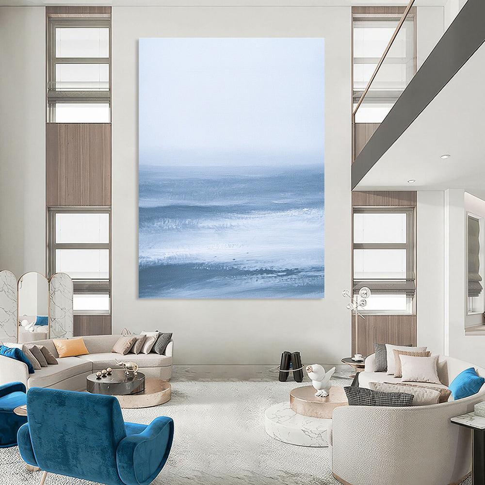 Large abstract painting featuring blue-gray sea minimalism inspired by James Tissot and J.M.W. Turner for a serene and elegant atmosphere.STSC028