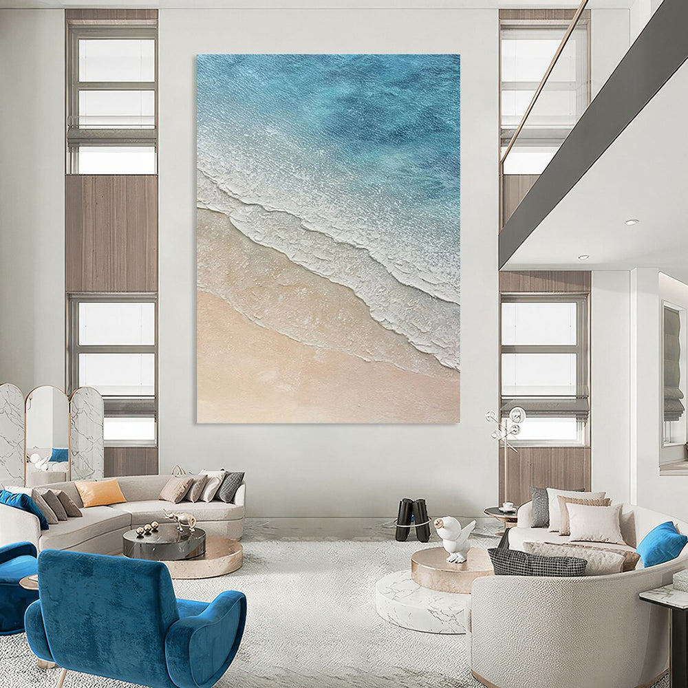 Blue and Beige Beach Wave Abstract Painting with Textured Layers ADGE314