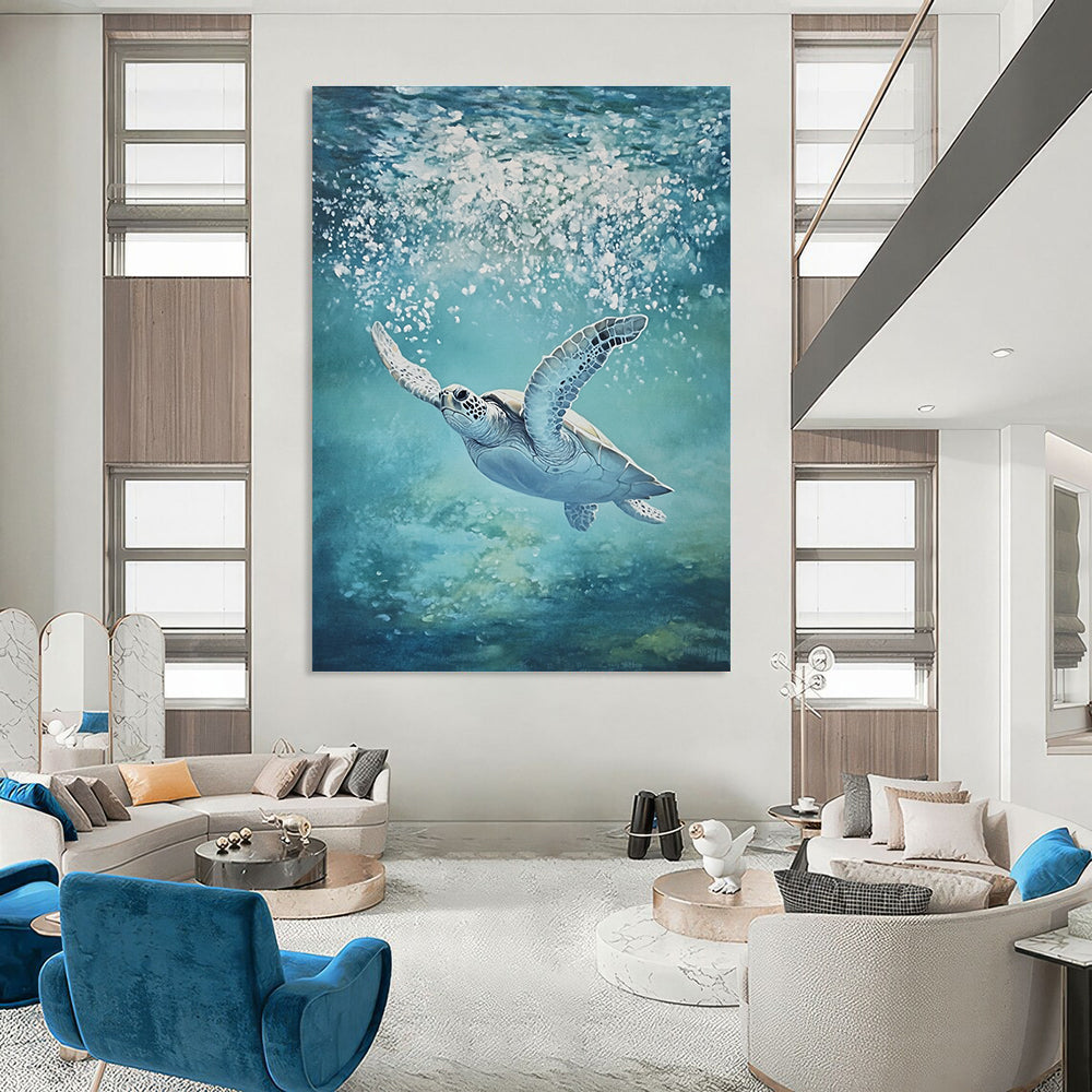 An abstract painting capturing the serene underwater scene of a majestic sea turtle gliding through crystal-clear waters with glistening skin and vibrant hues.STSC1175