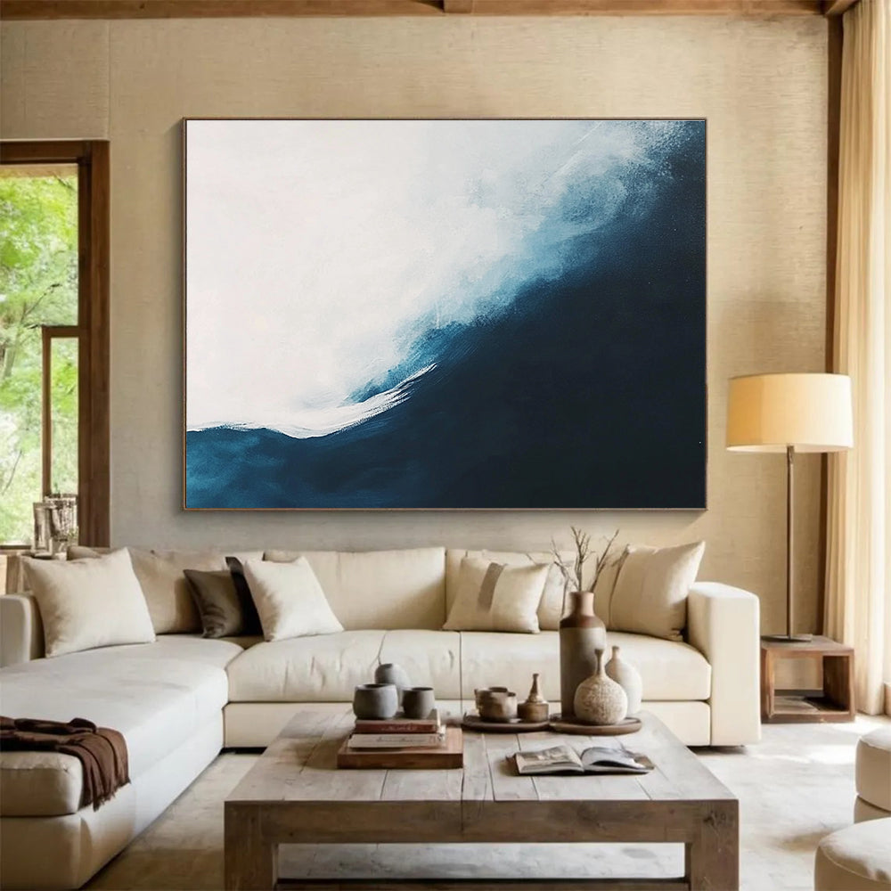 Abstract painting of an ocean wave featuring white and dark blue tones in a minimalist style, perfect for modern decor.SC162