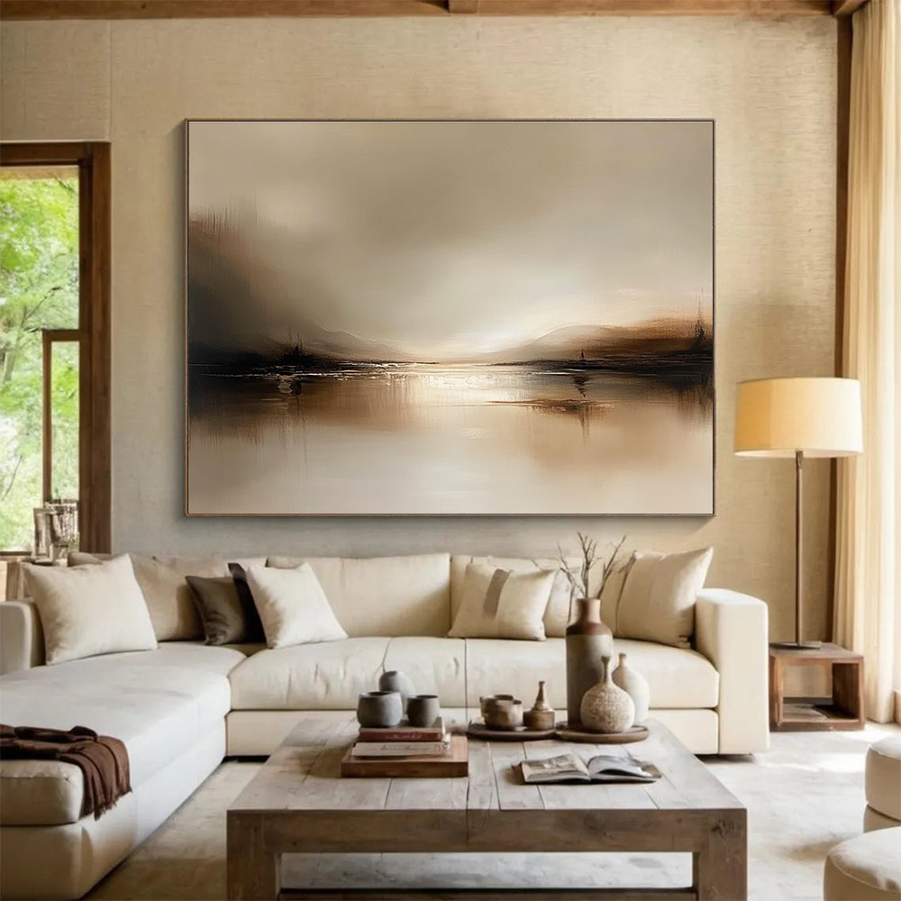 Abstract landscape painting in muted browns and beiges, featuring a tranquil water scene with soft reflections, creating a minimalist and serene atmosphere.SC071