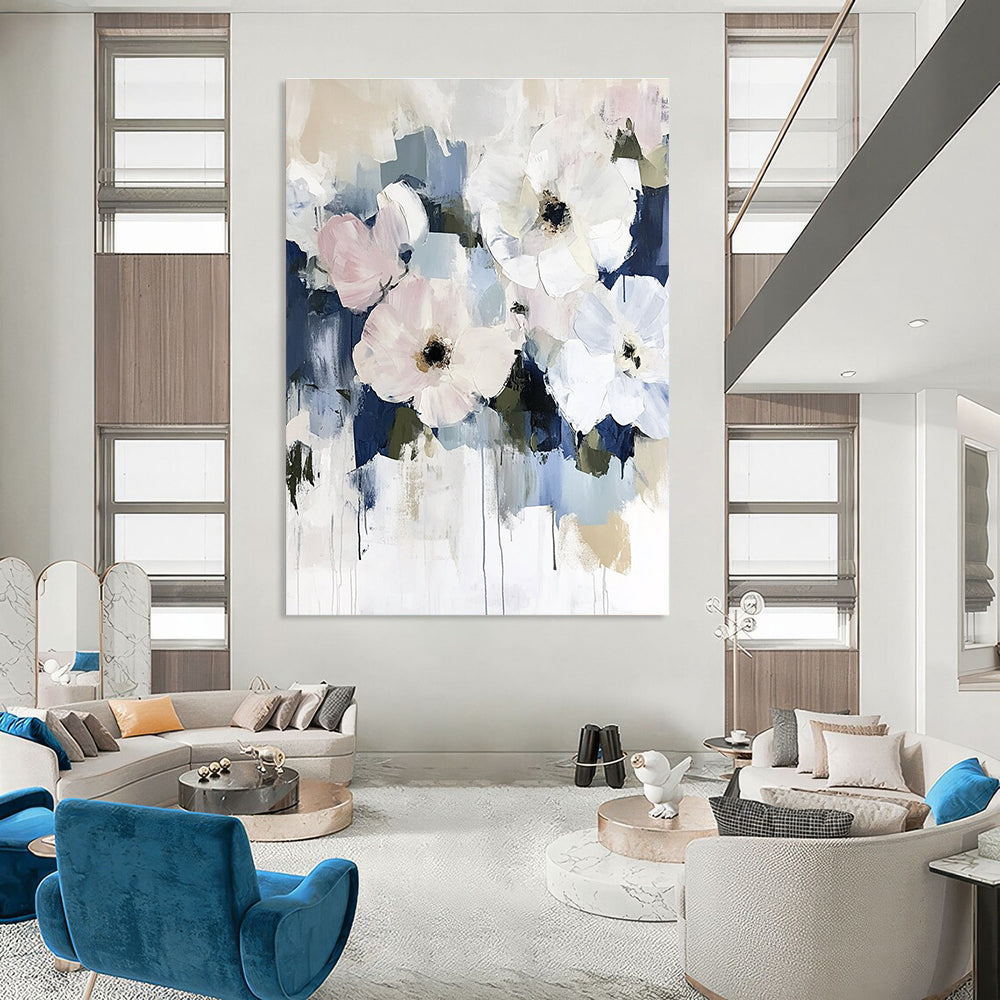 Large abstract floral painting in soft pinks and whites with hints of blue featuring minimalist style and soft brushstrokes on neutral tones.STSC056