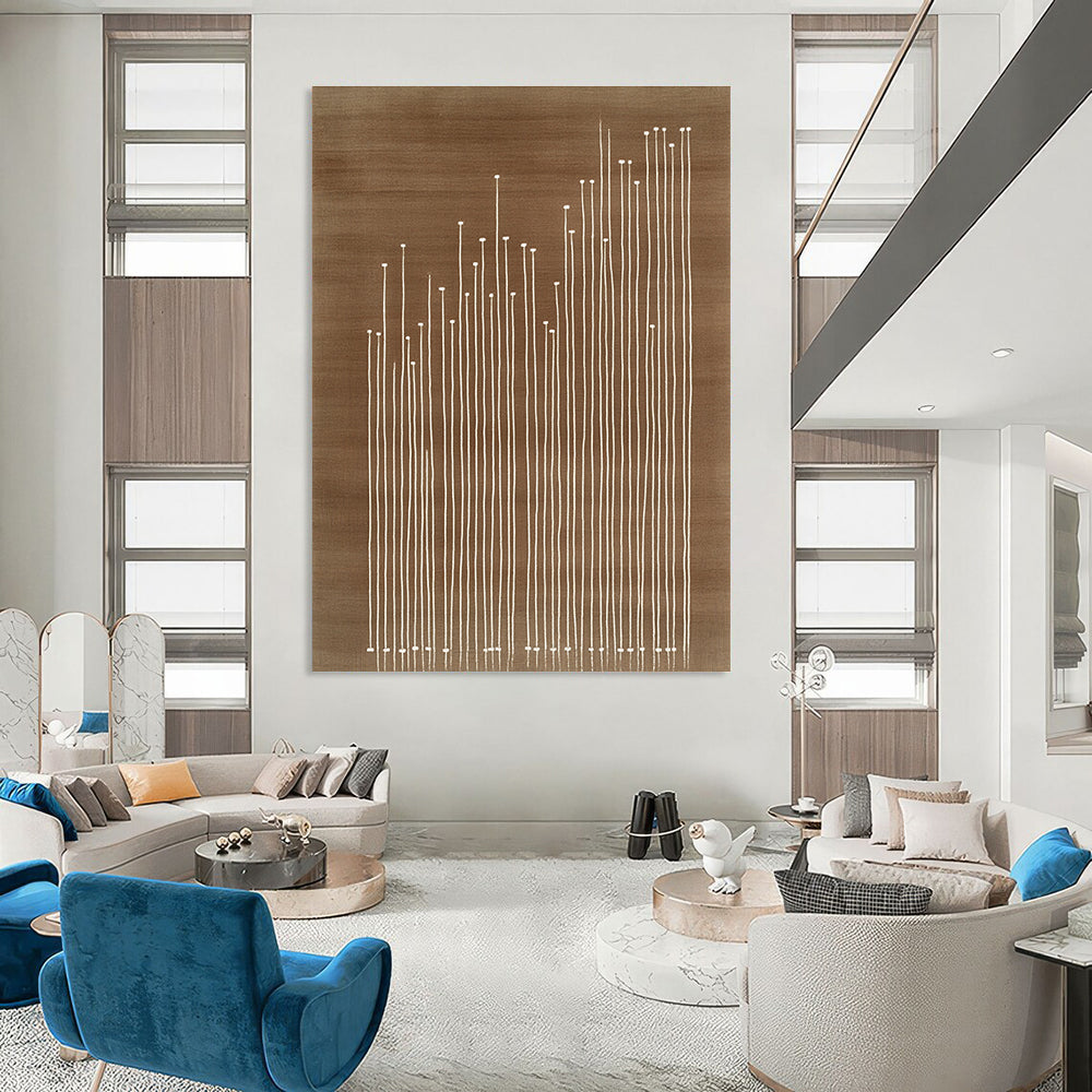 An abstract artwork featuring a brown carpet with white lines embroidered texture and simple line work in the style of Tathagata Design Studio.STSC929