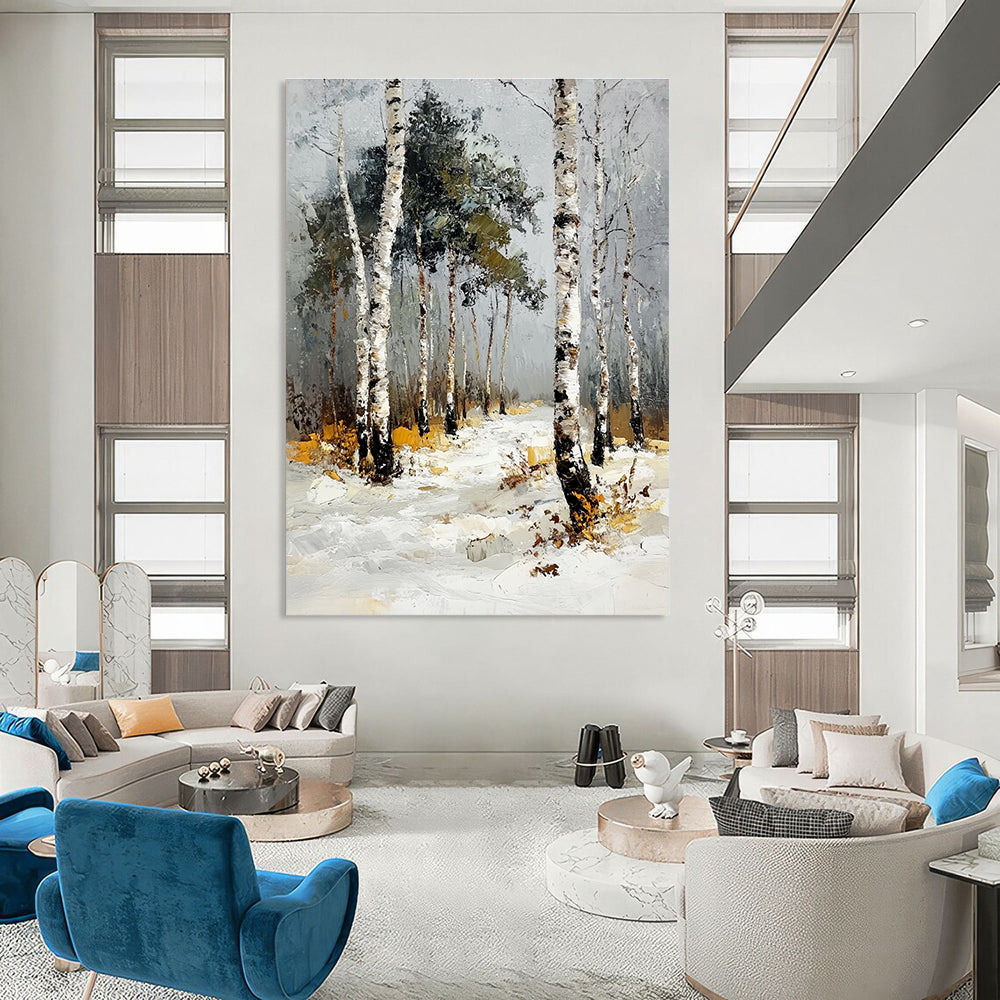 Abstract oil painting of a birch forest in winter featuring thick impasto strokes with snow-dusted birches and pines under a grey sky.STSC1382