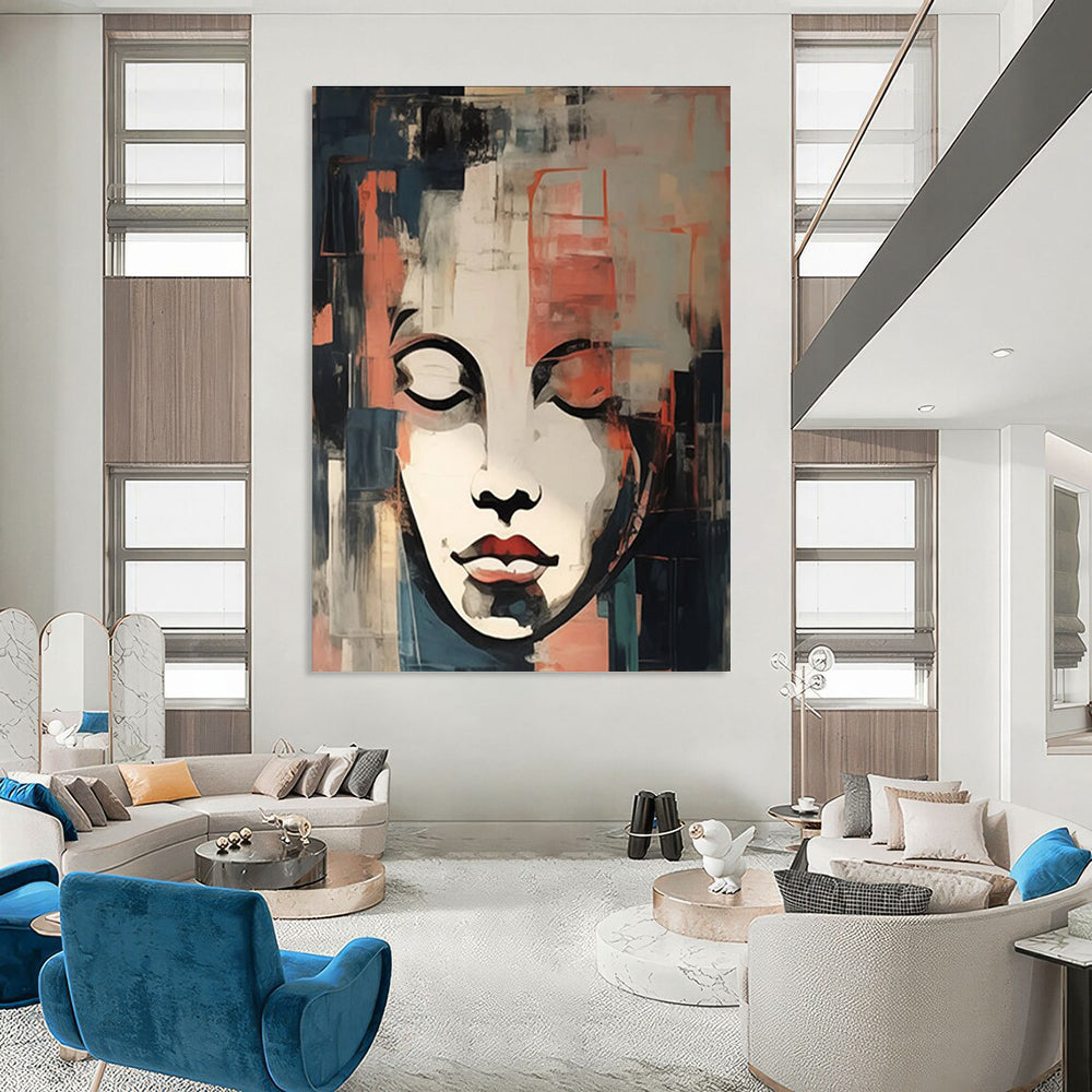 Cubist - Style Portrait Abstract Painting with Red, Blue, and Gray ADGE124