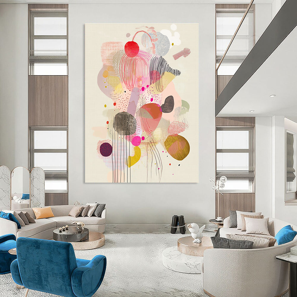 Large abstract artwork featuring whimsical floating shapes and patterns in soft pastels, showcasing bubbles ribbons and organic forms for playful visual depth.STSC1234