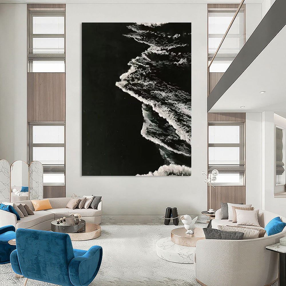 Black and White Textured Wave Abstract Painting ADGE349